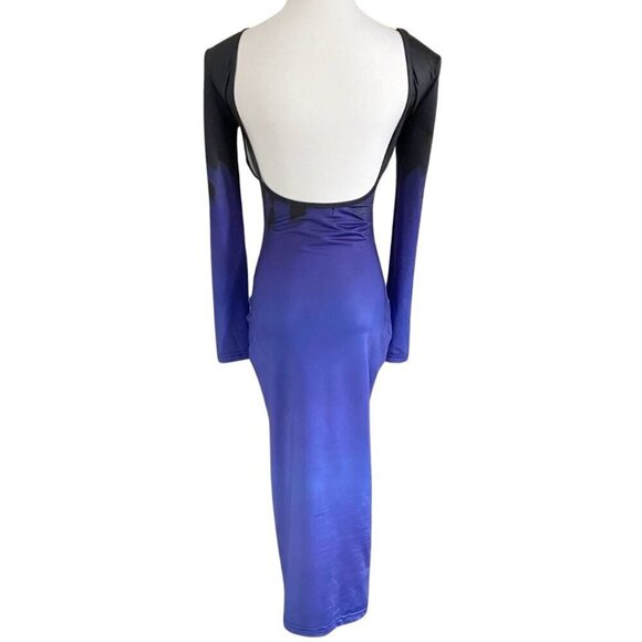 NWOT AMY SHEHAB PURPLE BLUE EYE OF GIZA BACKLESS MIDI BODYCON PENCIL DRESS - S - Picture 4 of 11